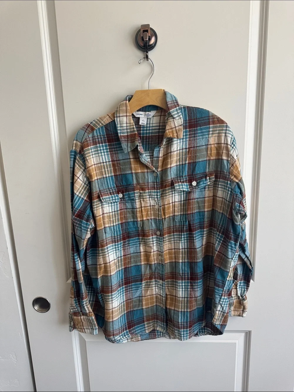 Old Navy Teal, Brown & Tan Boyfriend Plaid Button-Down Shirt